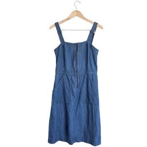 Levi's Medium Denim Linen Blend Zip Front Pinafore Midi Jumper Dress Pockets
